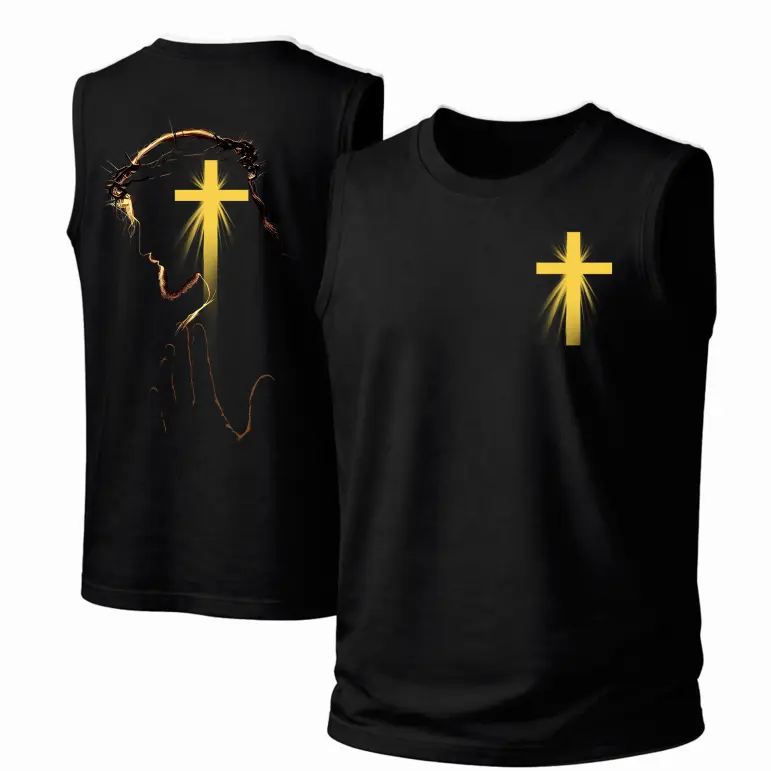 Men’s Cotton Sleeveless Tank Top with Golden Cross and Jesus Graphic Print, Punk Style Crew Neck Muscle Shirt, Breathable Lightweight Summer Streetwear for Gym, Workout, Beach, Vacation, Fitness and Daily Wear