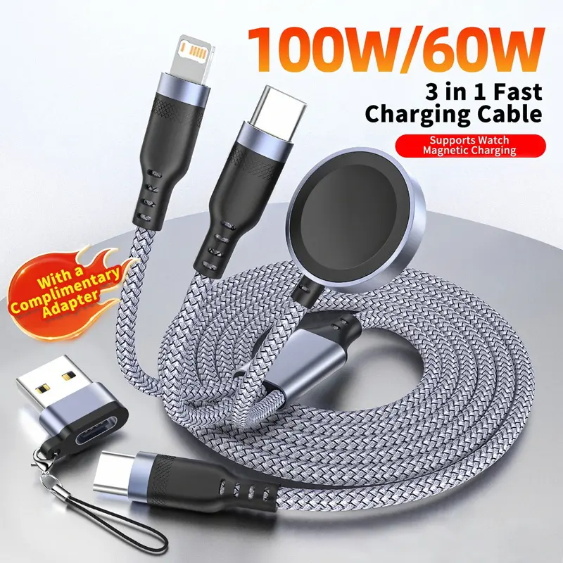 Apple Watch Charger 3-in-1 Aluminium Alloy Durable Electronic Cable Cord: Magnetic Wireless Charging Station for iPhone Lightning & Apple Watch with Type-C Car Adapter USB Charging Accessory
