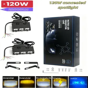 A pair 120W 3-Lens Hidden Grille LED Light Bar Driving Lights for Cars & Motorcycles, Matrix Spot Fog Lamp with White/Yellow Light, High Beam, Flash Strobe, RGB Background Light for Off-Road Driving