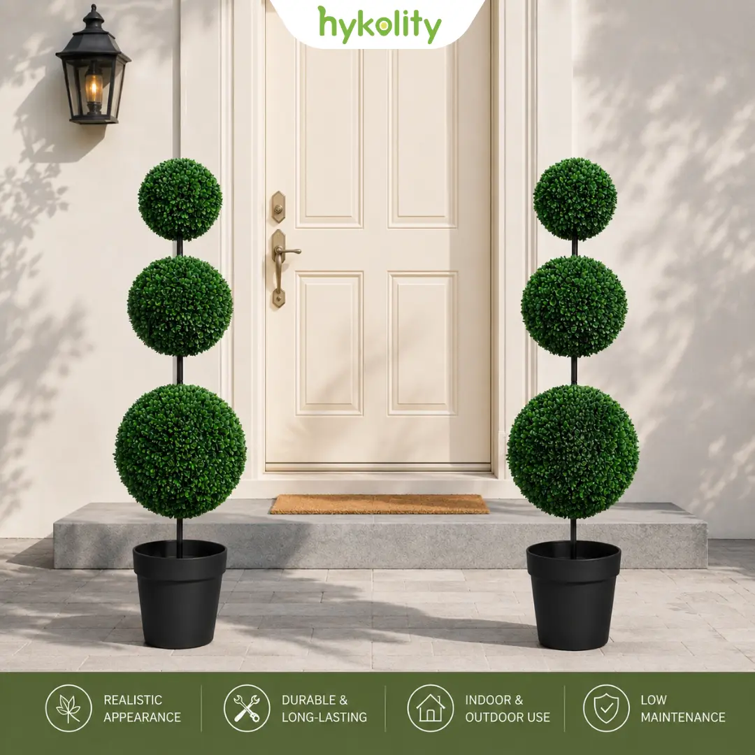 ROMSWI [Set of 2] 3FT Artificial Triple Ball Boxwood Topiary Tree, UV Resistant Faux Plants for Home, Office, Porch & Entryway Decor