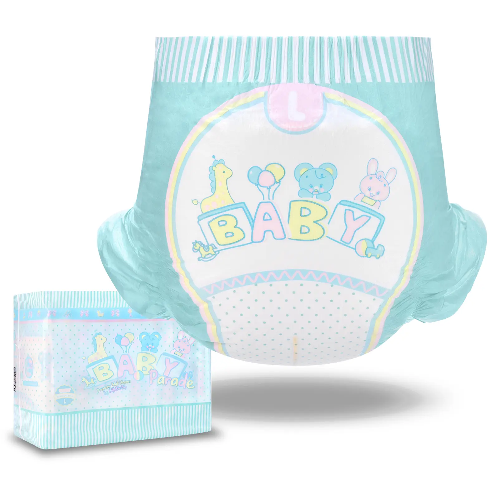 Littleforbig Soft Non-Woven Disposable Adult Diapers (10 Pieces) - Adjustable Hook-and-Loop Closure, Baby Parade Design, Cute Animal Print, Extra Large (48"-56"), 181oz High Absorption Women's Incontinence Care Briefs