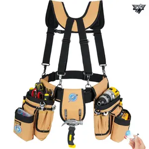27-Pockets Heavy Duty Tool Belts for Men with Suspenders, Detachable & Adjustable Utility Toolbelt Work Belt Bag for Electrician Carpenter Construction, Valentines Day Gifts for Men,Brown
