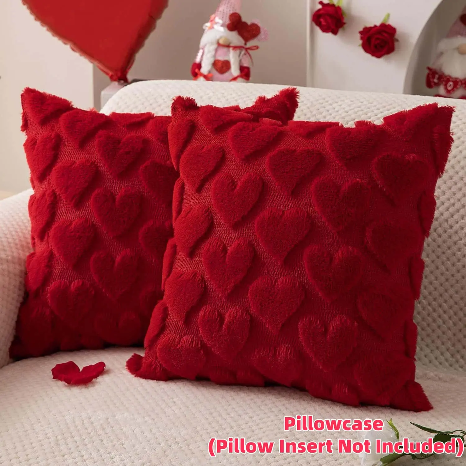 Valentines Pillow Covers 18x18 inch Set of 2 Valentines Day Decoration Red Heart Soft Plush Faux Fur Jacquard Throw Pillows for Bedroom Sofa Holiday Festivals Home Decor-MM