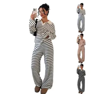 Women's Striped Knit Loungewear Set Long Sleeve Collared Top & Wide Leg Pants, Soft Comfortable Two Piece Outfit for Daily Casual Wear