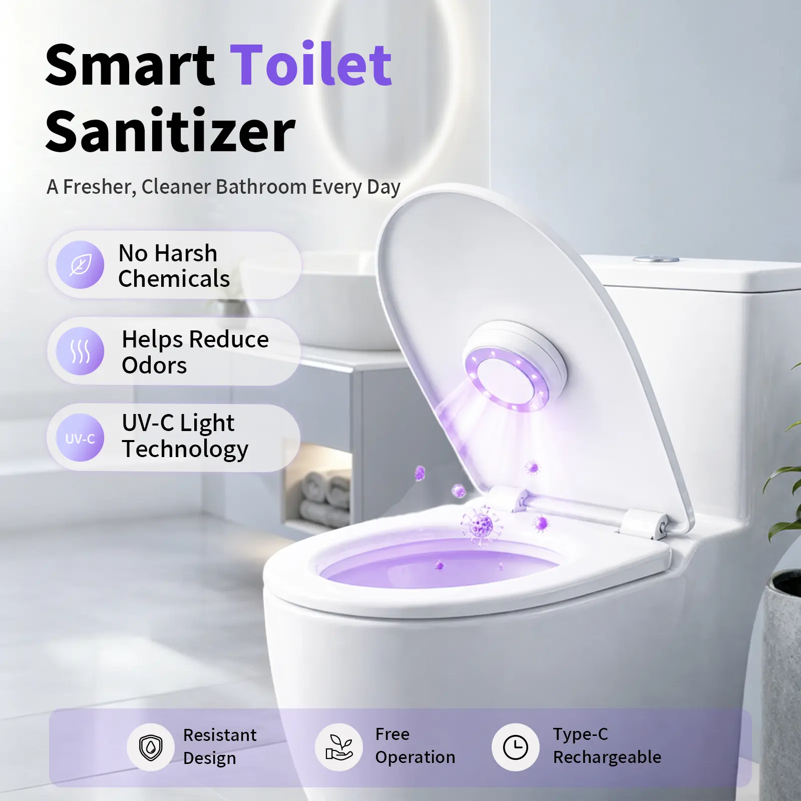 UV-C Toilet Sanitizer & Odor Control Device, Motion Activated, Chemical-Free with Safety Sensor, Rechargeable Battery