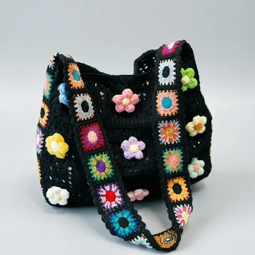 Women's Large-Capacity Openwork Knit Shoulder Bag - Floral Patterned Yarn Tote, Shoulder Bag for Women, Knit Tote for Daily Carry (Sports & Outdoor Gym Accessory)