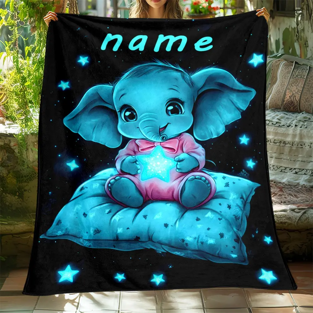 Customized Name Cute Elephant Picking Star Blanket - Lightweight Flannel Home Furnishing Bedding Blanket, Suitable for Sofa, Bed, Travel Camping, Living Room, Office, Sofa Chair and Bed - Soft and Warm Flannel Fabric Digital Printed Blanket