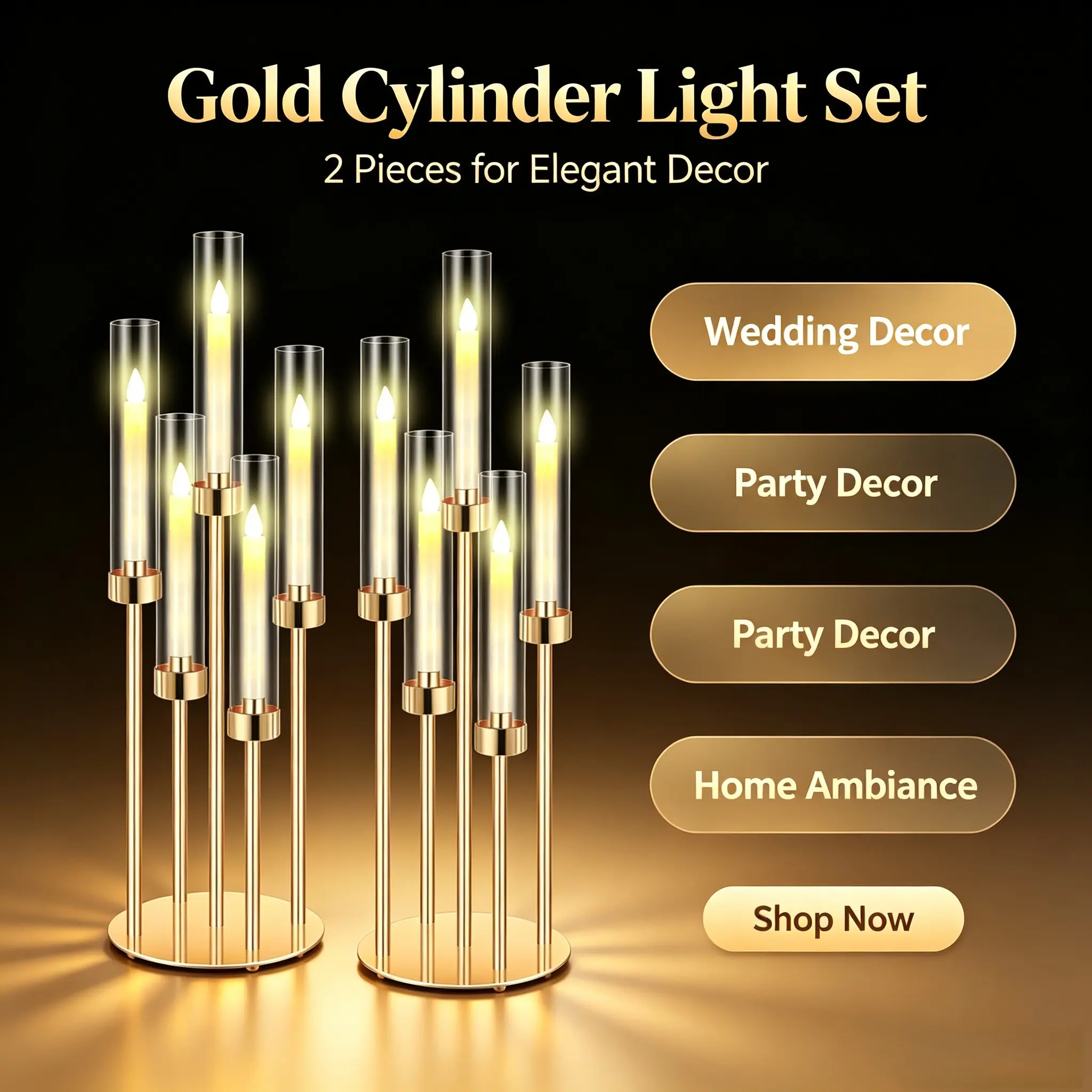Chic Gold 5-Arm Acrylic Shade Candelabra Candle Holder (1/2 Pcs) - 26.21in Tall, Casual Art Deco Farmhouse Home Decor, Table Decor Candle Holders for Table Centerpiece, Ideal for Weddings, Birthday Use