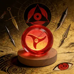 LED Crystal Ball Night Light w/ Wood Base – Sharingan-Inspired Glow, Desktop & Gaming Setup Decor, USB Powered Anime Lamp, Perfect Holiday Gift for Fans