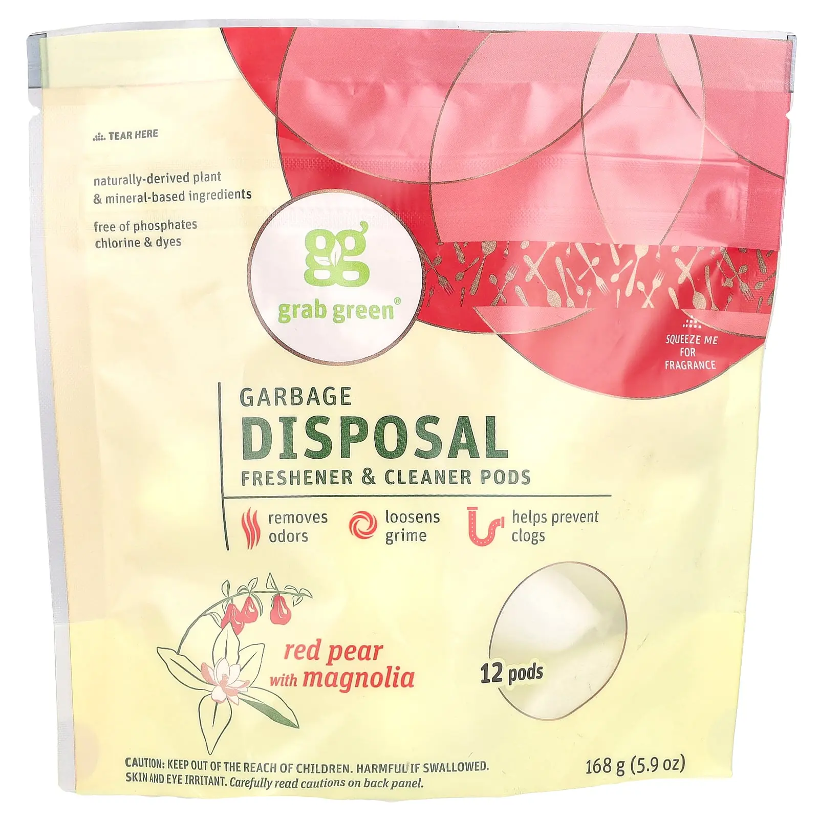 Grab Green Garbage Disposal Freshener & Cleaner Pods, Red Pear with Magnolia, 12 Pods, 5.9 oz (168 g)