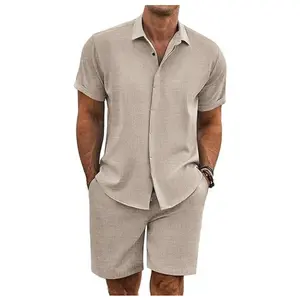 Coofandy Men's Summer Beach Outfit 2-Piece Short Sleeve Shirt & Shorts Set in Premium Linen Texture Fabric for Vacation & Casual Wear