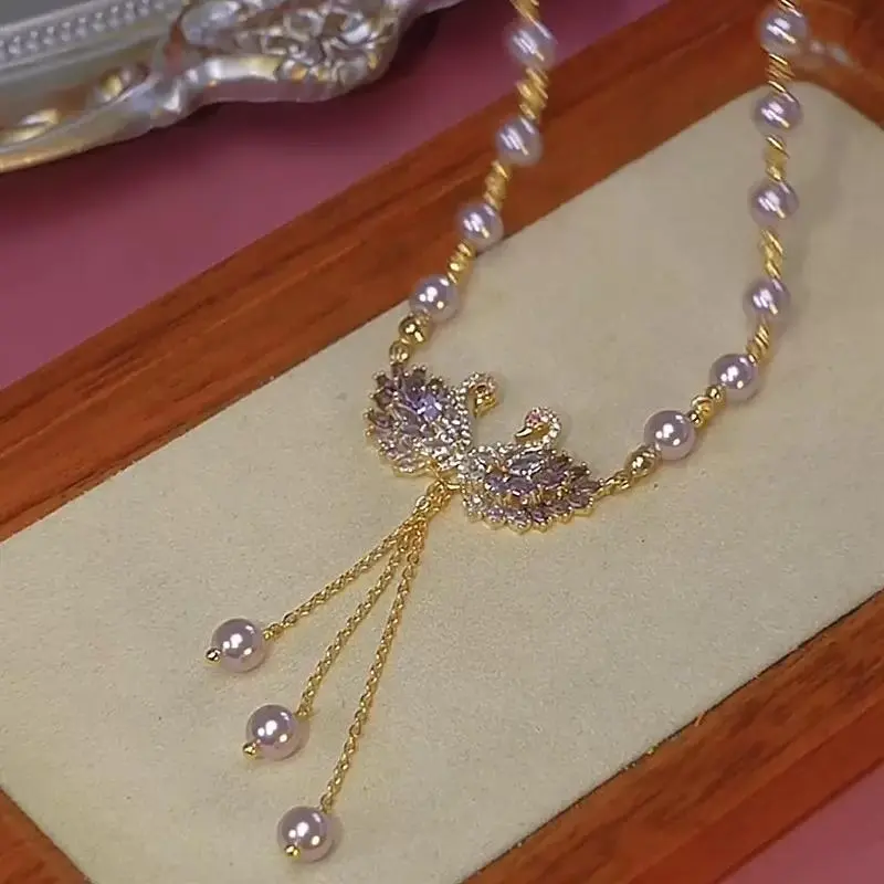 Luxury Purple Swan Necklace with Zircon and Crystal Accent, Long Length Chic Minimalist Pendant, Daily Fashion Costume Jewelry, Perfect Accessory to Elevate Your Style for Cheongsam Dress