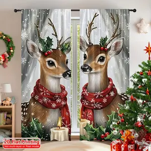 2D flat, 2 pieces, Christmas reindeer cartoon cranberry print curtains, Window Curtain, art-themed holiday atmosphere decoration, rod pocket design, for living room bedroom study home decoration, Christmas decoration, Christmas merry theme curtains