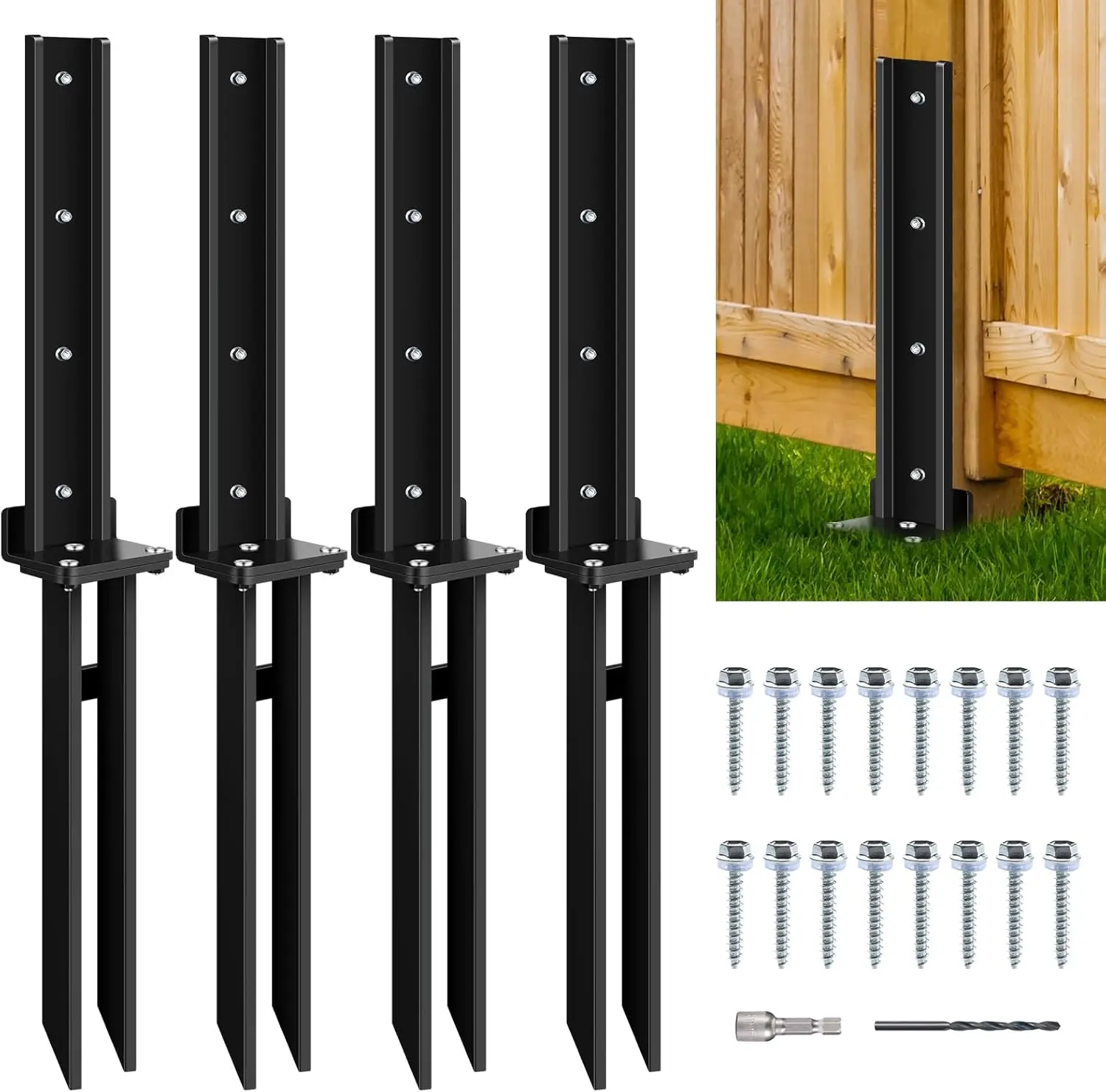 4-Pack Heavy Duty Alloy Steel Outdoor Fence Post Repair Kit - Includes Sturdy Braces, Anchor Stakes, Ground Spike Brackets for Tilted/Broken Wooden Posts (Home Improvement, Garden Supplies)