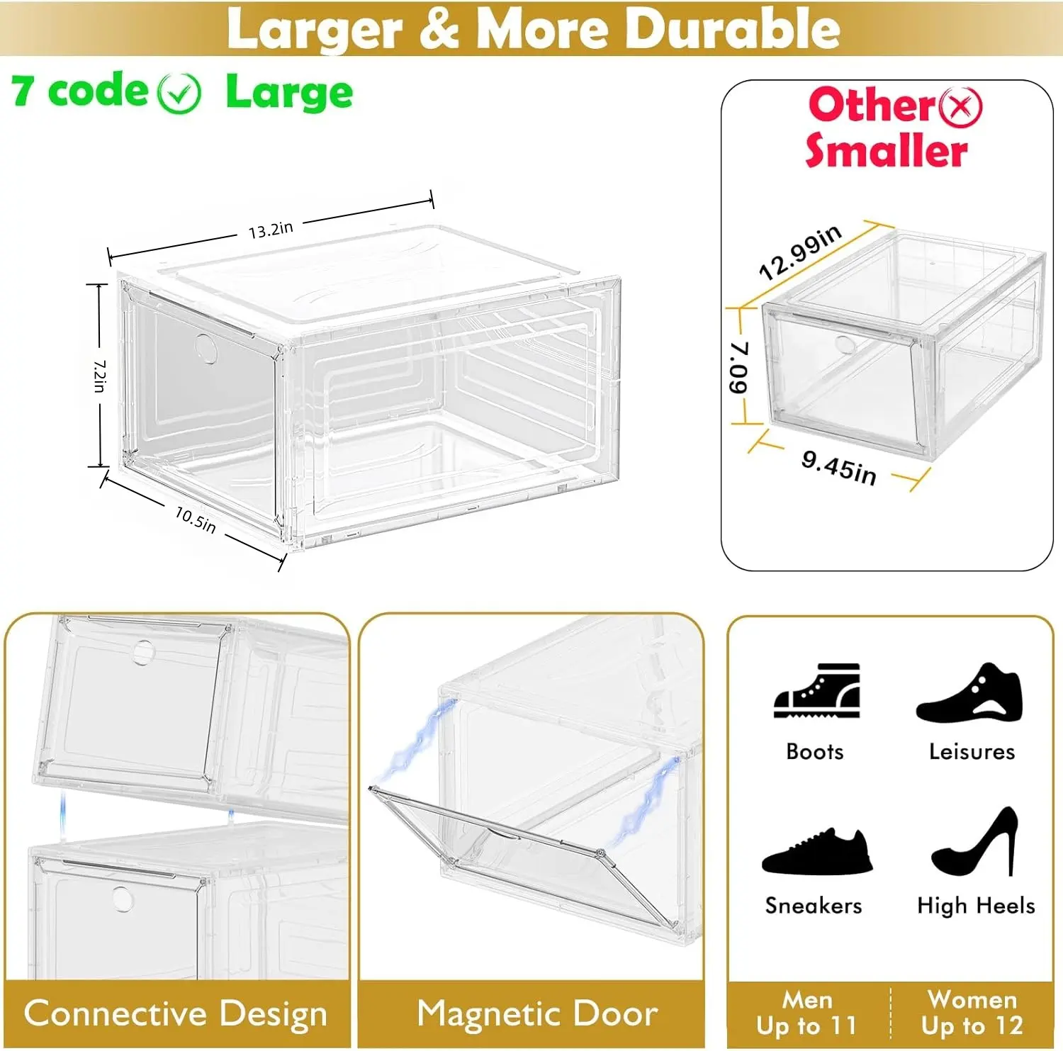 ShoneClear Stackable Shoe Boxes 6/12-Pack CLEAR Portable Storage Organizer for Sneakers & Bags Fits US Men's Size 13 Quick Assembly Stable Design Larger & More Durable Footwear Holder