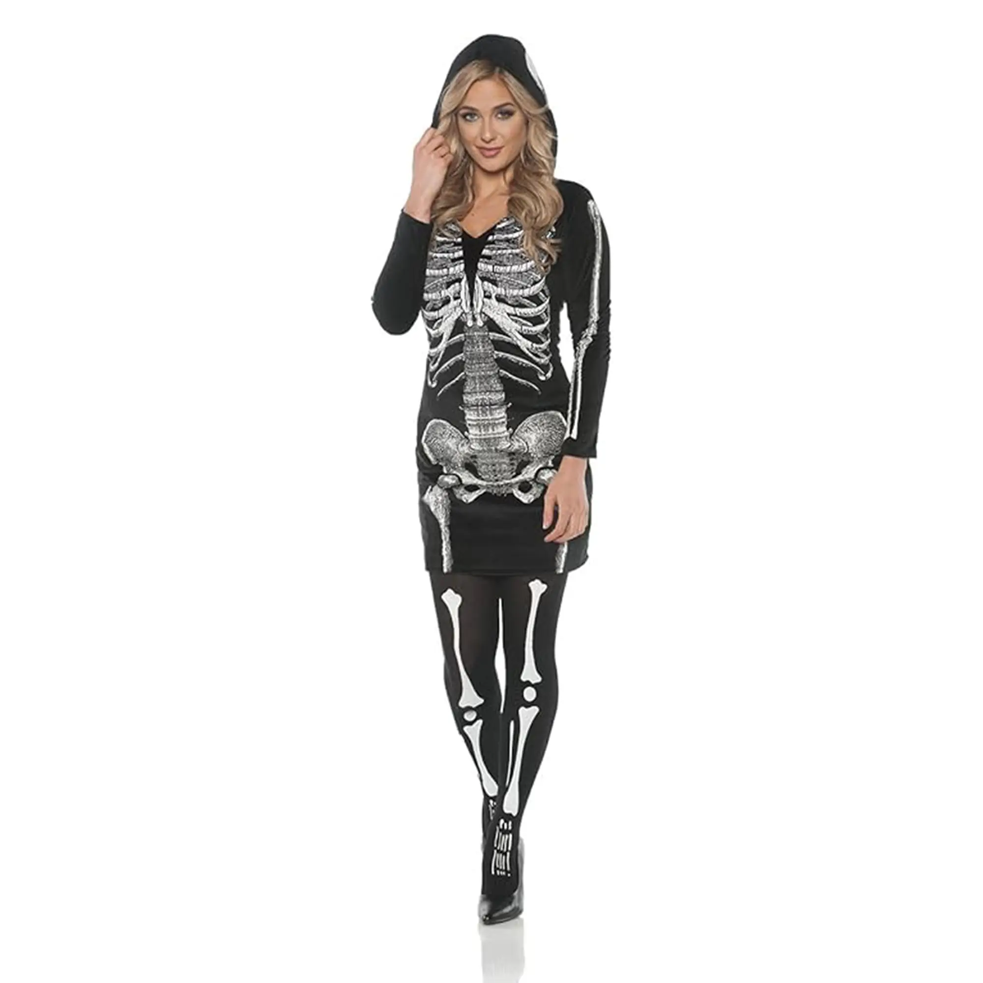Women's Skeletal Hoodie Dress Costume, Halloween Horror Theme Outfit with Cute Skeleton & Bone Graphics