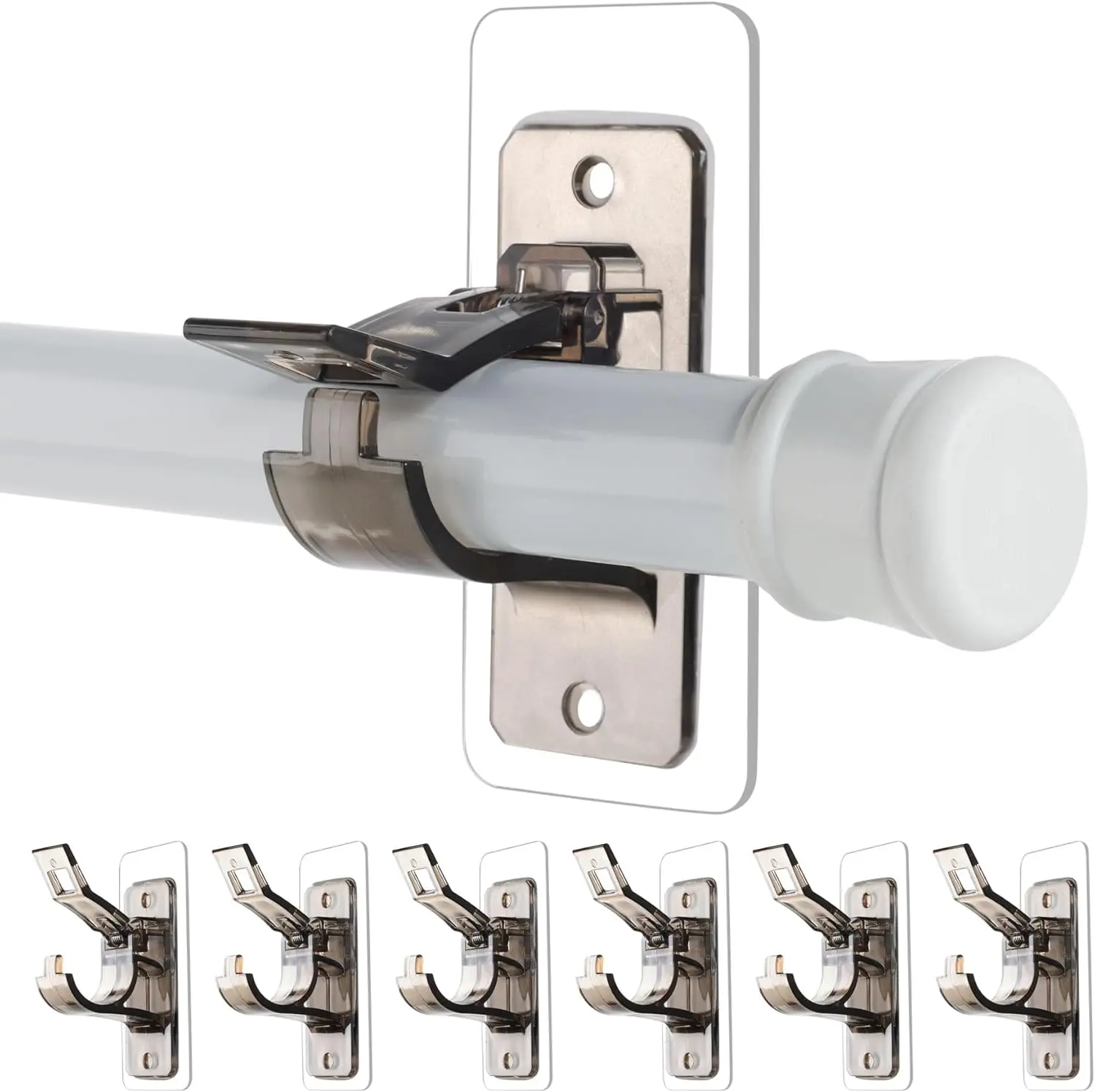 6-Pack No Drill Needed Curtain Rod Holders Brackets, Self Adhesive Rod Holder Hooks, Multipurpose Nail Free Stick on Curtain Rod Hooks-Transparent Black summerwins