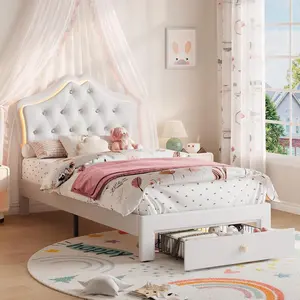 Garvee Twin Platform Bed with Crystal Tufted Headboard & Adjustable LED Lights – Features Large Storage Drawer, Noise-Free Slats, Soft Princess Design, Easy Assembly – Modern Bedroom Furniture