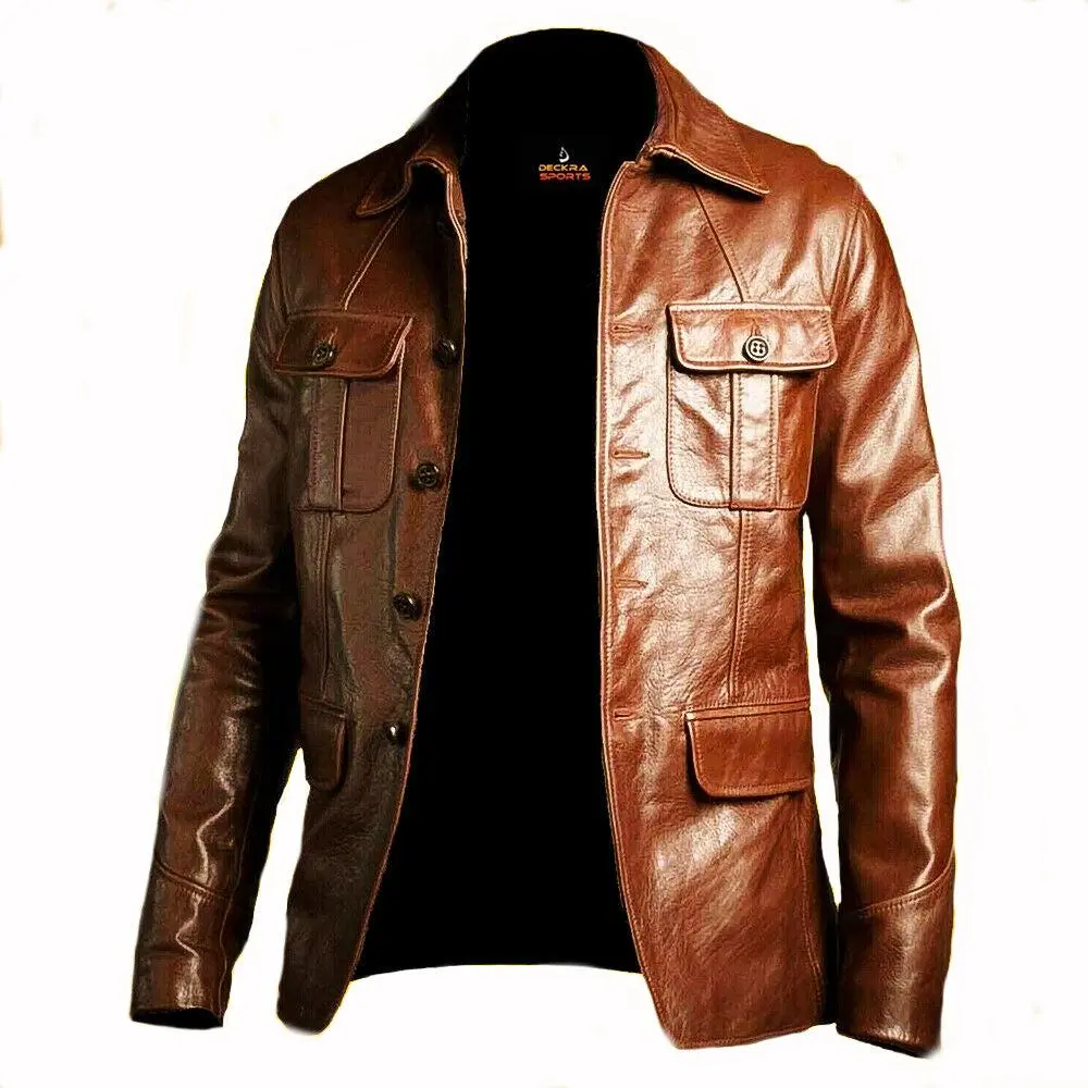 Deckra Men's Durable Cowhide Leather Blazer - Stylish Button-Front with Quilted Lining and Multiple Pockets, Durability, Leather Jacket, Collared Neck, Menswear, Coats