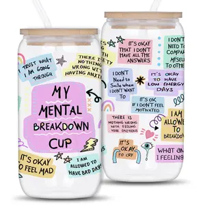 16oz/500ML Glass Cup with Bamboo Lid & Glass Straw, 1 Count Motivational Quotes Glass Cup, Drinking Glasses, Stylish Glass Cups, Inspirational Positive Affirmation Gift for Women, Drinkware