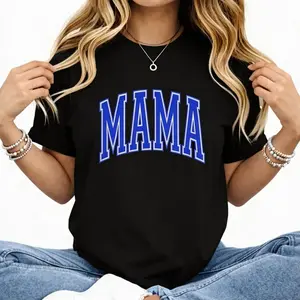 Women's Fitted Cotton Short-Sleeve Crew Neck T-Shirt - Camo Mama Digital Puff Print with Bold Blue Lettering summerwins,summerwins