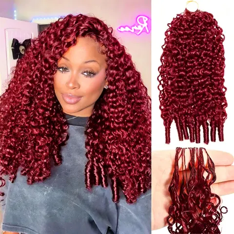 BLING HAIR Female 99J Burmese Curly Crochet Human Hair Extensions, Pre-Separated Miracle Knots Feather Water Wave, Back-to-School Recommended, Miracle Knots Human Hair
