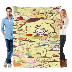[SummerVibes] SANRIO Central Pom Pom Purin Blanket – Warm Yellow Overlapping Dessert Puppy Collage Print, Air Conditioning Throw, Honey Milk Marshmallow Silky Soft, All-Season Cover for Girly Sofa, Snack Nook, Picnic & Bakery Kawaii Teen Gifts