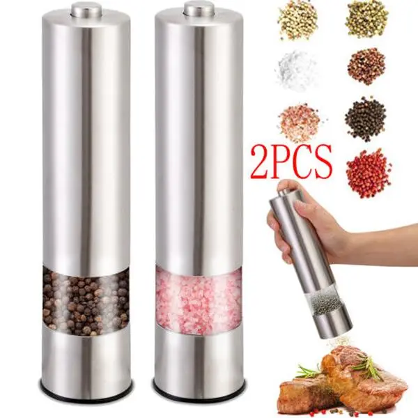 2-Pack Stainless Steel Electric Salt and Pepper Shakers Set, Kitchen Gadgets Kitchenware Seasoning Utensils - Adjustable Coarseness, LED Light, Rechargeable, Bottom Caps for Leak Prevention, Ideal for Gourmet Cooking, Battery Operated, Cylindrical, Modern