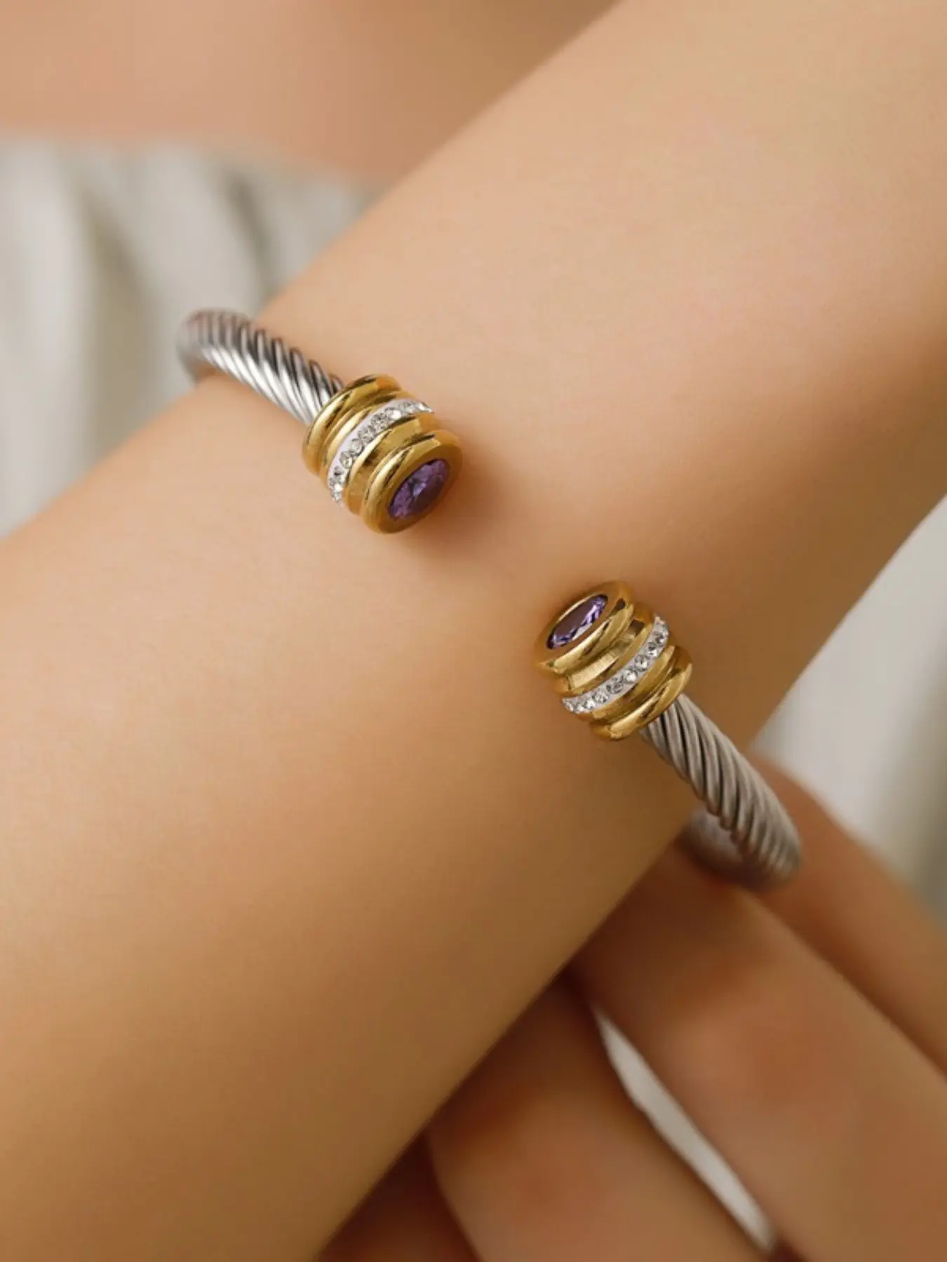 Adjustable Stainless Steel Cuff Bracelet with Colorful Zirconia, Casual Open Circle Design for Men and Women, All Seasons Wear