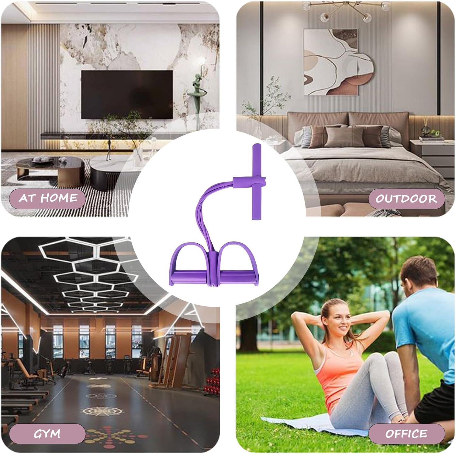 Multifunctional Pedal Resistance Band, 4-TubeStretch Band with Handle, Fitness ShapingYoga Exercise Equipment, Natural RubberTension Rope, for Abdominal, Leg, Arm, BackSlimming Training（Purple）