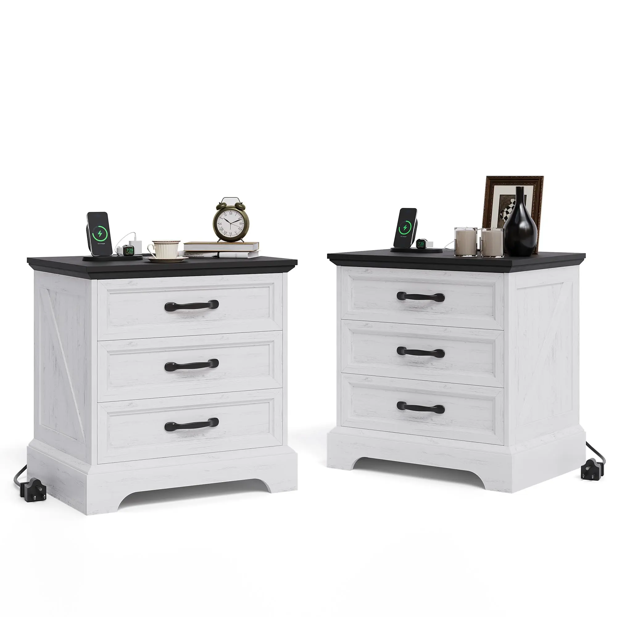 Modern Farmhouse Nightstand with Charging Station & 3 Large Drawers, 24.8" Rustic Wood End Table for Living Room & Bedroom, White 2PCS