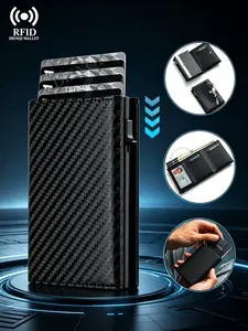 RFID Blocking Carbon Fiber Wallet, Slim Auto Pop-Up Credit Card Holder, Anti-Scan Minimalist Metal Wallet for Men, Durable Everyday Accessory
