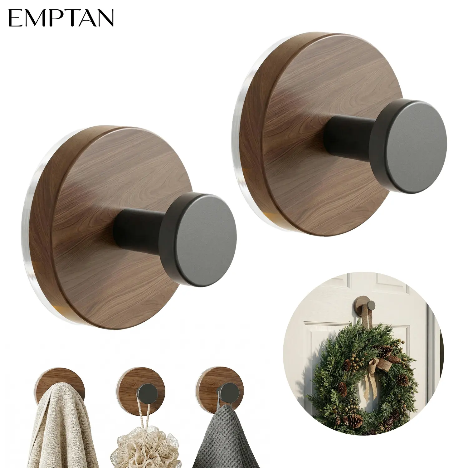 EMPTAN 2PCS Suction Cup Hooks, No-Drill No-Damage Vacuum Suction Hooks, Reusable Waterproof Shower Hooks for Towel, Loofah, Robe & Wreath Hanging, Bathroom Bedroom Kitchen Accessories