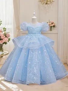 Girls' Evening Gown Princess Dress, Luxury Sequin Party Dress, Ruffled Dress, Netting Birthday Costume, Carnival, Elegant Child Fashion