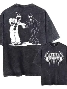 Water Wash Vintage Clown & Ghost Pattern Graphic T-Shirt, Humorous Streetwear, Casual Fitted Long Sleeve, Unisex Fashion Tee