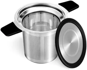 Sturdy Handy Stainless Steel Tea Infuser - Fine Mesh Reusable Strainer Ball with Heat-Proof Handles, Coffee & Tea Filter Holder for Teapots, Mugs, Silicone Lid & Tray Compatible Kitchenware
