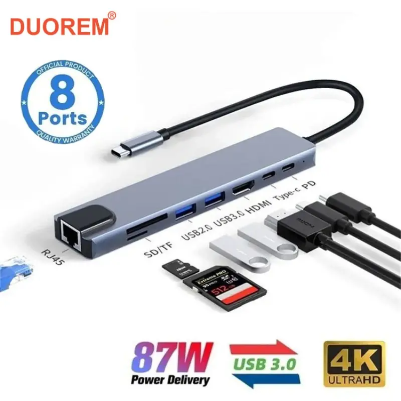 Compact 8 in 1 / 5 in 1 USB C Charging HUB, 87w Power Delivery, Type C Docking Station, Ethernet Port, USB 3.0, 4K Ultra HD, SD/TF Card Reader, USB C Adapter Multiport