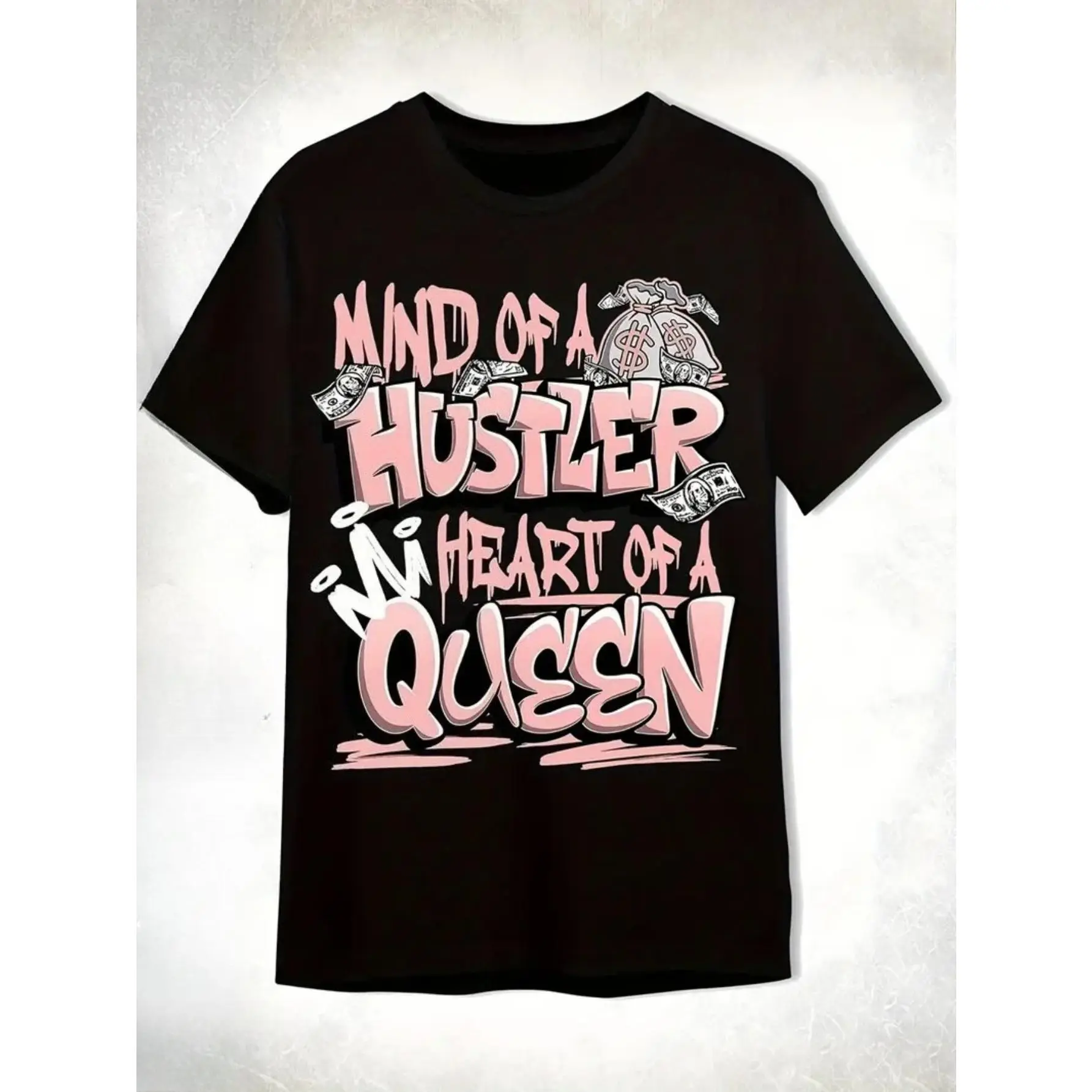 Women's Hustler Queen Graphic Print Top - Pure Cotton Fabric, Unisex Classic Cut Short Sleeve Crew Neck, Heat Transfer Print for Casual Streetwear, Machine Washable