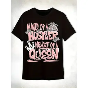 Hustler Heart Queen Unisex T-Shirt - Black/White/Pink "Mind of a Hustler Queen" Slogan & Dollar Sign Design, Soft Breathable Crew Neck Short Sleeve Tee with Legend Pattern, Casual Streetwear for Women & Men, Casual Attire