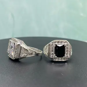 Men’s 925 Sterling Silver Mexican Ring | Size 12 | CZ Black or Clear Stone | Vintage Engraved Statement Ring