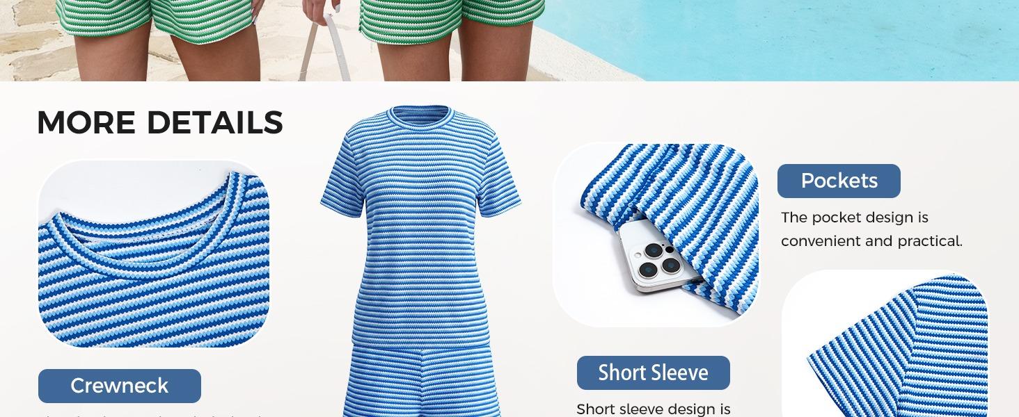 Fisoew Womens Striped 2 Piece Outfits Casual Short Sleeve Shirts Tops Knit Shorts Sets Workout Tracksuits Matching Sets