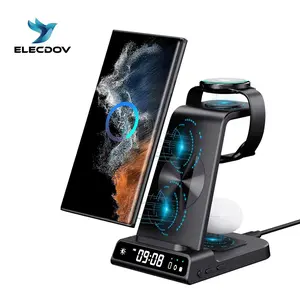 4-in-1 Wireless Charging Stand for Apple/Samsung/Google — Portable, with Dimmable Clock; Fast-Charges Phones, Smartwatches, and Earbuds. Ideal for Desks, Bedside Tables, and Travel (ELECDOV C01)#Summervibes fathersdaygift