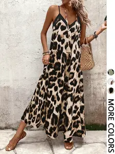 This Leopard Print Maxi Dress is Summer Casual Wear Loose Vibes V Neck Strap Long Dress Womenswear