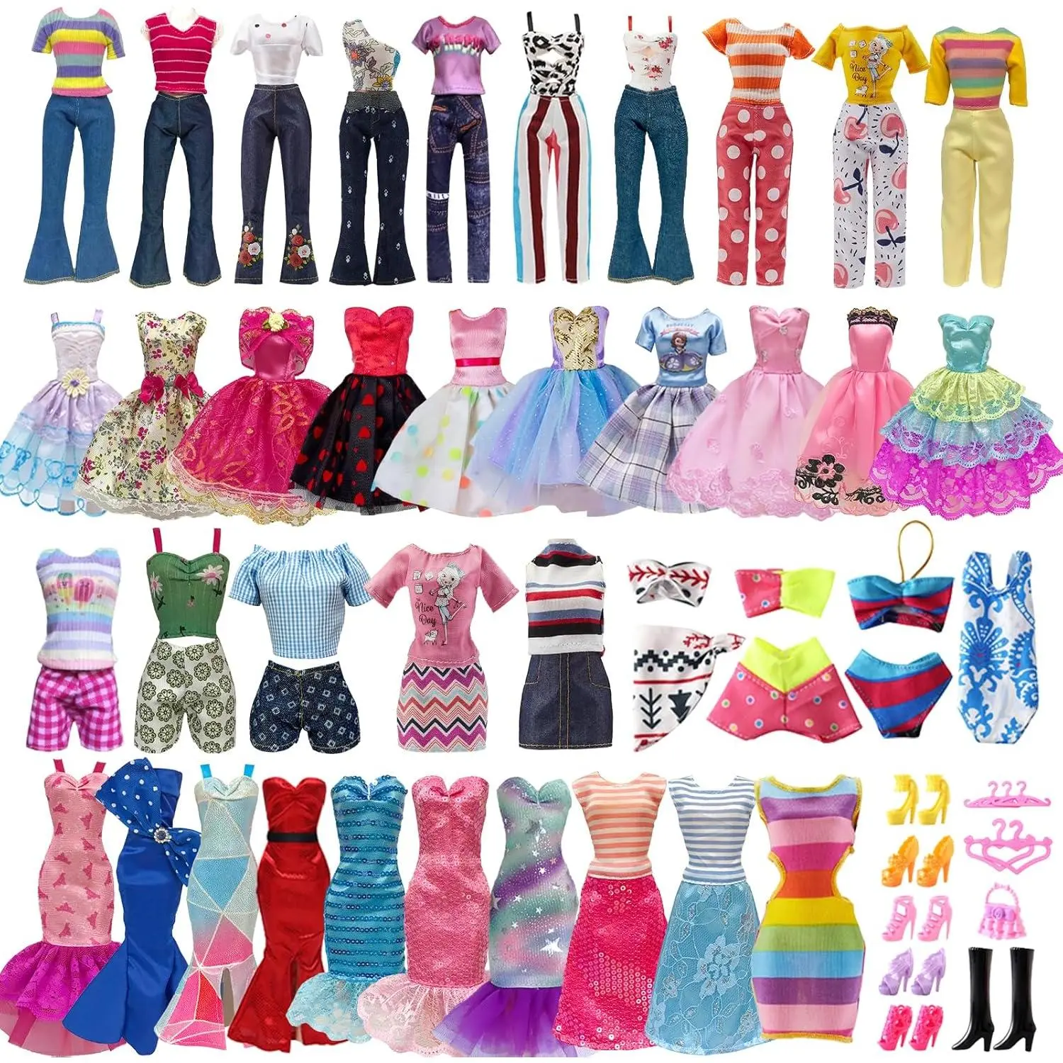 30 Pieces Doll Clothes and Accessories for 11.5 Inch Girl Dolls Outfit Including 5 Tops, 5 Pants, 3 Dresses, 3 Fashionable Dresses, 2 Swimwear, 6 Pairs Shoes, 1 Bag, 5 Hangers soft