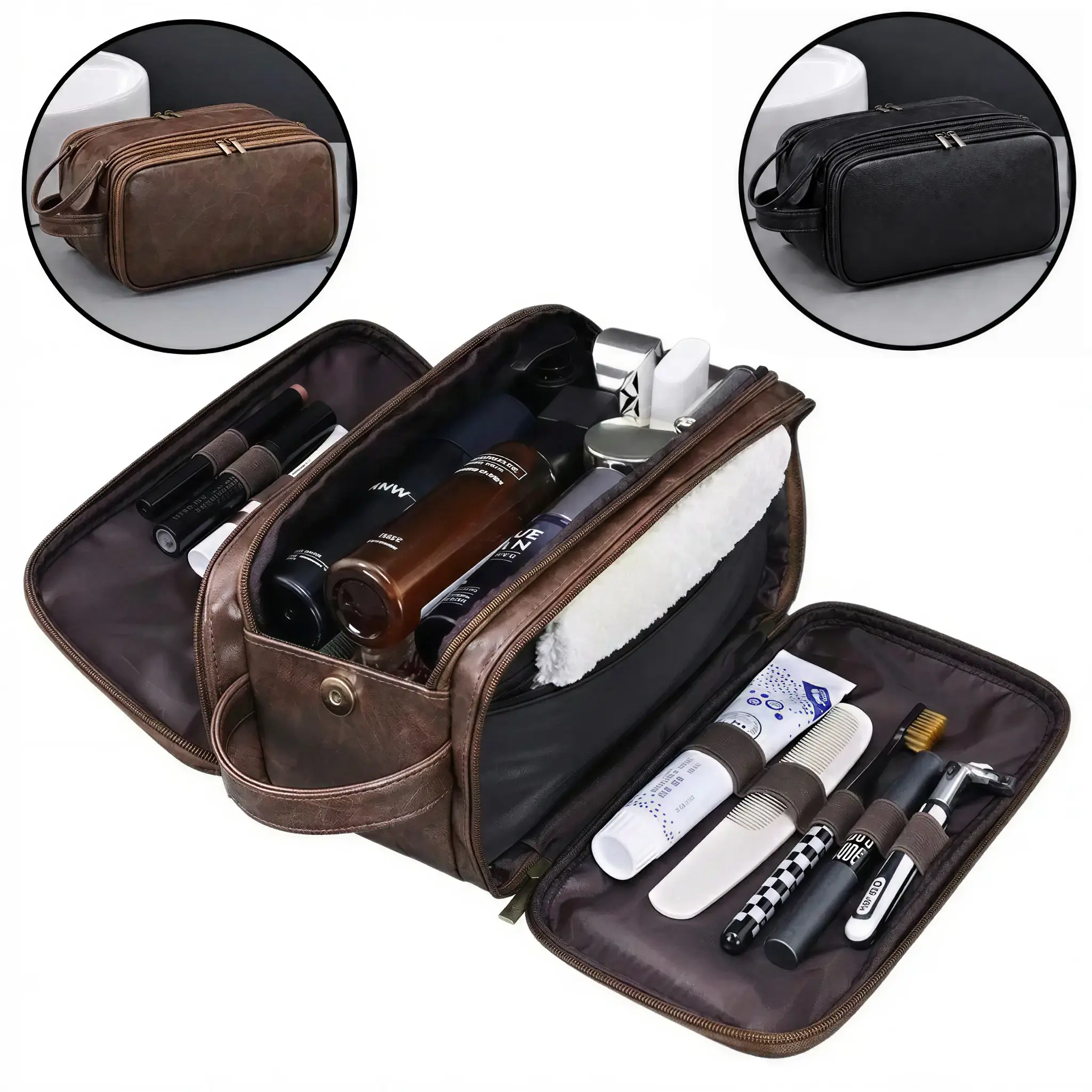 Men's PU Leather Water-Resistant Durable Shaving Dopp Kit - Travel Toiletries Organizer, Multifunctional Cosmetic Travel Bag, Grooming Accessory, Valentine's Day/Father's Day Gift
