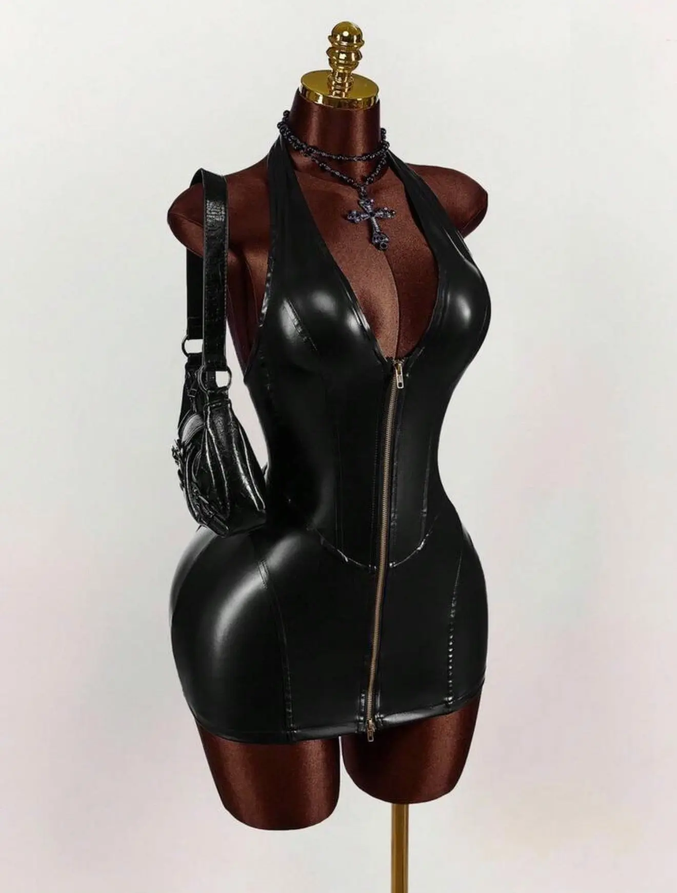 Noir Latex Zip-Front Halter Mini Dress