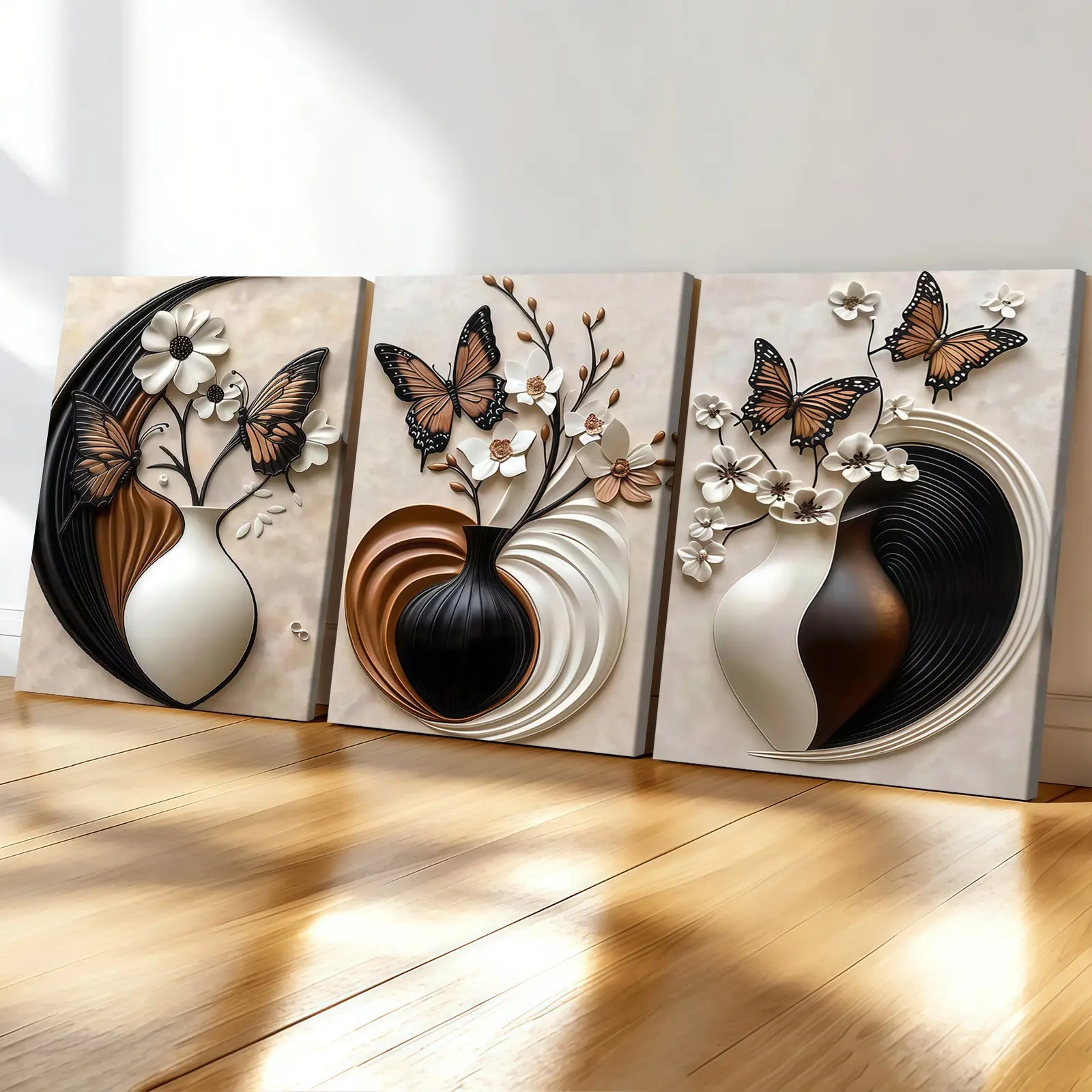 3 Counting wooden frame canvas, butterfly flower art poster, modern art for living room wall decoration, family poster, suitable for bedroom, office, corridor walls art, Framed Wall Art, Modern Floral Paintings, Wall Art Print, Wall Decor Pictures
