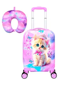 1 Set Kids Luggage Set, Cute Cartoon Cat Print Hard Shell Suitcase with U-Shaped Neck Pillow, Lightweight Rolling Carry On Luggage for Girls, Travel Trolley Case for School Trip, Vacation, Airplane