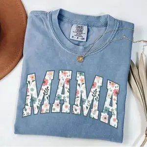 Comfort Colors Floral Mama T-Shirt, Spring Mom Graphic Tee, Trendy Mother’s Day Shirt for Women, New Mom Gift Idea, Cute Pregnancy Reveal Top, Flower Letter Print Casual Cotton Outfit - AMBER