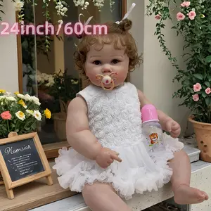 Handmade 60cm (24in) Realistic Female Soft Vinyl Reborn Baby Doll, Fat Big Toddler Toy with 3D-Paint Vascular Skin, Teeth, Dolls Clothes Accessories, Soft Cuddly Art Gift for Girls (Sheep Not Included), Girl Doll Teeth
